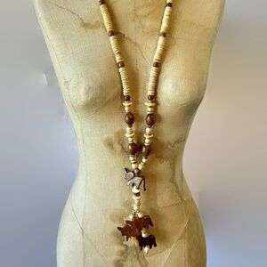 Boho Necklace, Wood, Chunky, Elephants, Lucky, Trunk Up, Vintage, Retro,34" Long